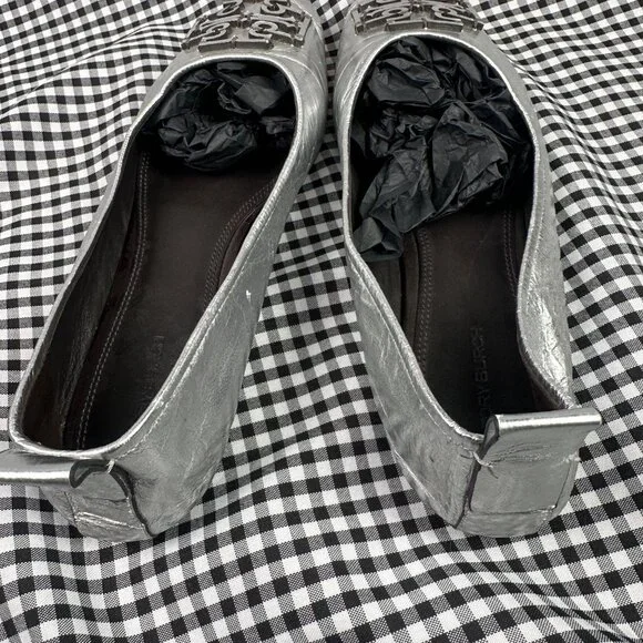 Tory Burch Ines Metallic Leather Ballet Flats Silver Square Toe Womens Size 10 - Picture 3 of 6
